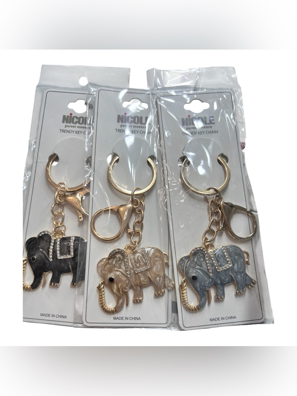 NICOLE Elephant Keychain with Rhinestone Saddle - Set of 3